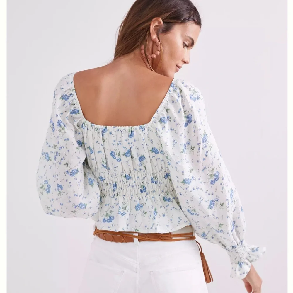 Revolve Faithfull the Brand Long Sleeve Smocked Gillian Top Blue Astoria Floral
